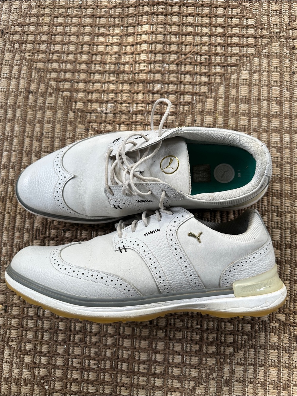 Puma Men’s White Leather Wingtip-Style Sneakers with Gold Accents